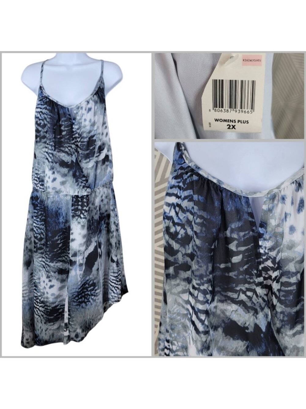 NEW LYS Tank Dress Party Plus Size 2X Strappy Knee Length Y2K Animal Print Gray